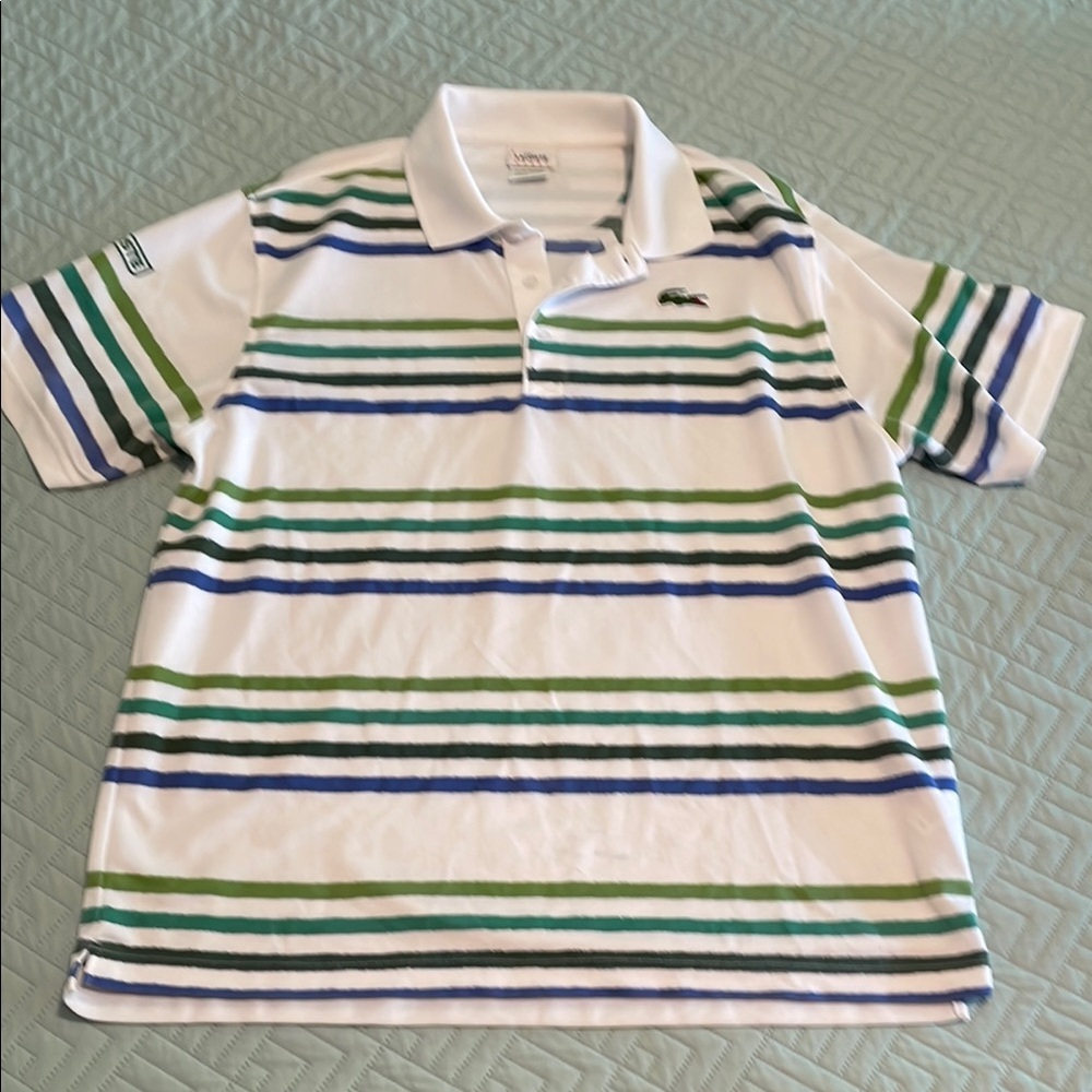 Lacoste Sport Polo Shirt - White with Green and Blue Stripes